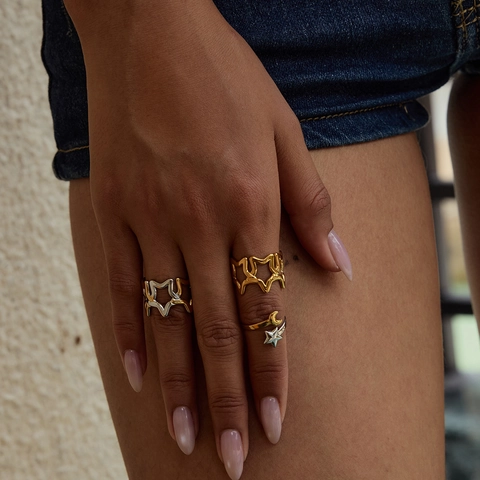 Stainless Steel Star Moon Rings Waterproof Hollow Out Adjustable Fashion Bohemian Jewelry For Women