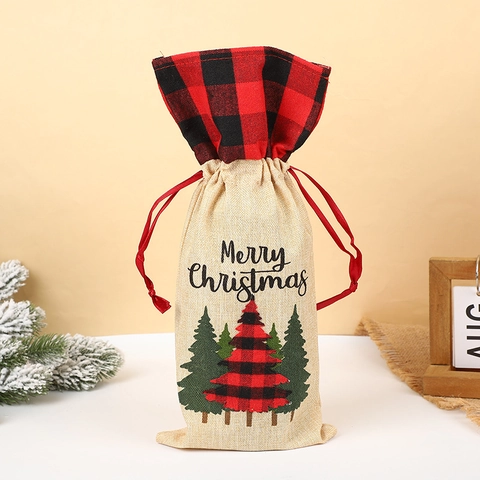 Christmas Wine Bottle Cover Burlap Linen Gift Bag Drawstring Plaid Buffalo Check Festive Dining Table Decoration Ornament