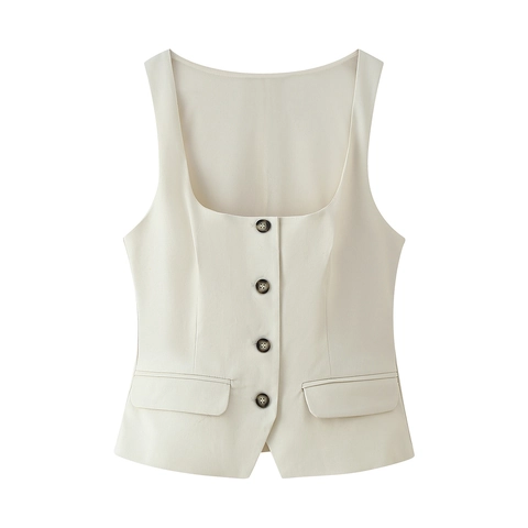 Women Sleeveless Vest Square Neck Button Down Slim Fit Solid Color Polyester Waistcoat Office Lady Tops