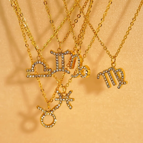 Sternzeichen Anhänger Halskette Edelstahl 18K Vergoldet Zirkon Inlay Astrologie Schmuck Für Damen Herren Mode Geschenk