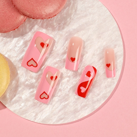 Press On Nails Valentine's Day Heart Pattern French Tip Long Coffin Square Sweet Romantic False Fingernails