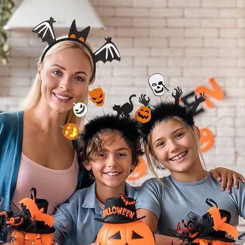 Cerchietti Halloween Pipistrello Zucca Fantasma Ragno Gatto Accessori Capelli Festa Piuma Feltro Glitter Costume