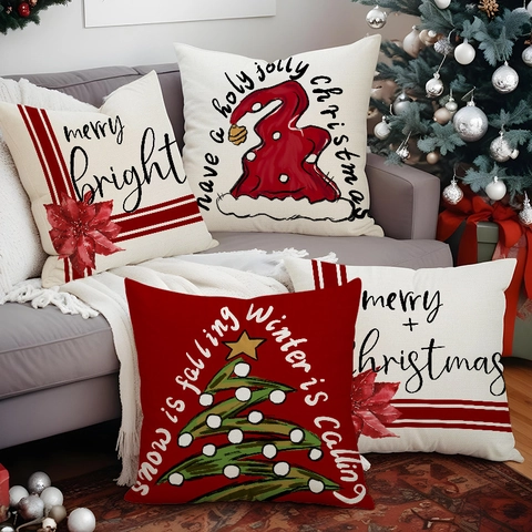 Funda De Almohada De Navidad Decorativa Lino Flor De Pascua Roja Hogar Sofá Decoración Festivo