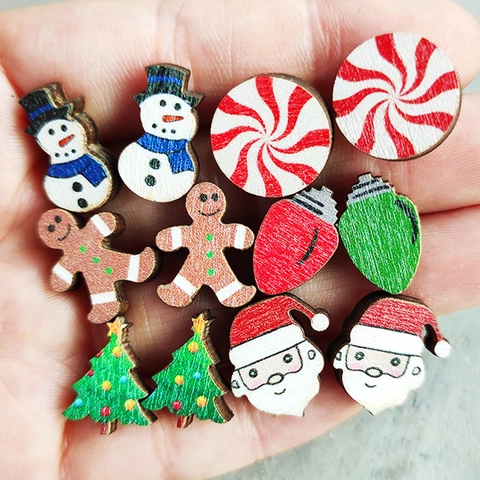 Christmas Stud Earrings Wooden Cartoon Santa Snowman Gingerbread Man Tree Patterns With Steel Earring Post For Women