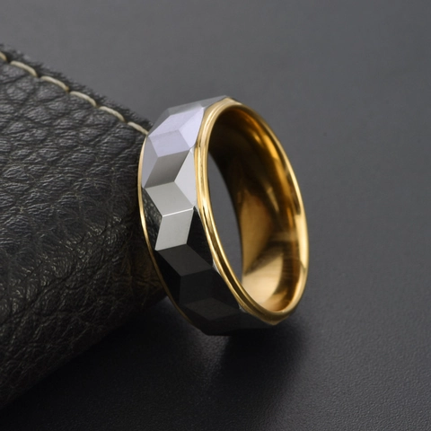 Men Tungsten Steel Ring Geometric Faceted Two Tone Gold Edge Polished Band Modern Punk Style Jewelry