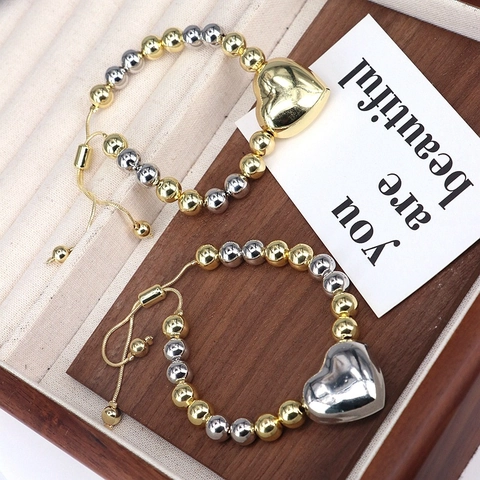French Vintage Copper 18K Gold Plated Heart Pendant Beaded Bracelet Adjustable Drawstring Link Chain Bracelet For Women Jewelry