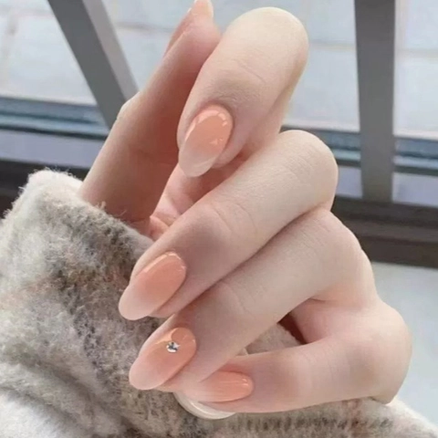 Press On Nails Gradient Nude Peach Almond Stiletto Shape With Rhinestone Decor Removable Long Nail Tips For Women