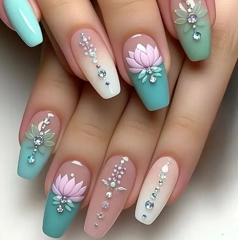 Uñas Postizas Largas Coffin Degradado Verde Menta Flor De Loto En Relieve Decoración De Strass Estilo Hada Elegante Uñas