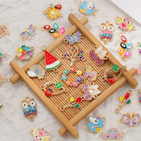 Legierung Emaille Anhänger Für Schmuckherstellung DIY Bunte Cartoon Einhorn Eule Blume Regenbogen Anhänger Für Armband Halskette Basteln