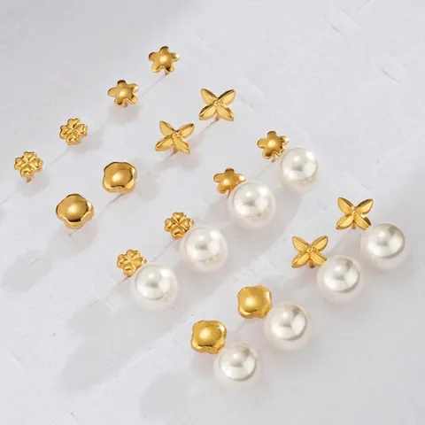 18K Gold Plated Stainless Steel Artificial Pearl Stud Earrings For Women Clover Flower Star Geometric Trendy Minimalist Jewelry