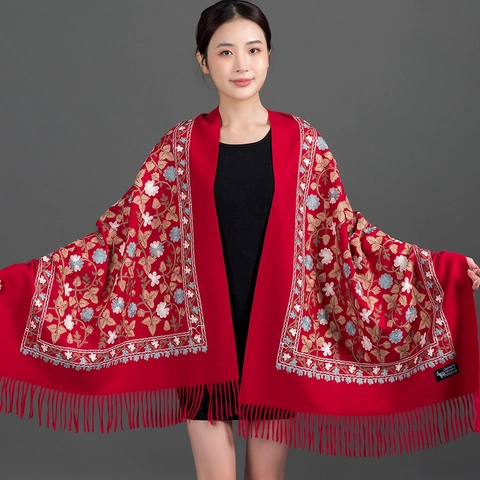 Ginkgoblatt Gestickt Kaschmir-Imitat Stola Lang Dick Quasten Schal Für Damen Elegant Vintage Winter Pashmina Umhang