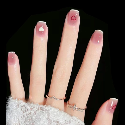 French Heart Press On Nails Translucent Pink Gradient Short Square Round Plastic Glossy Detachable False Nail Tips
