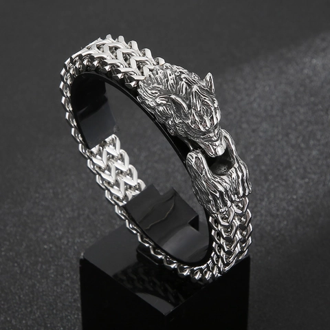 Viking Wolf And Dragon Head Bracelet 316L Stainless Steel Double Weave Chain Punk Gothic Retro Biker Jewelry For Men