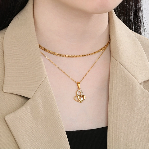 Double Layer Necklace With Heart Pendant Stainless Steel Rhinestone Elegant Fashion Jewelry For Women