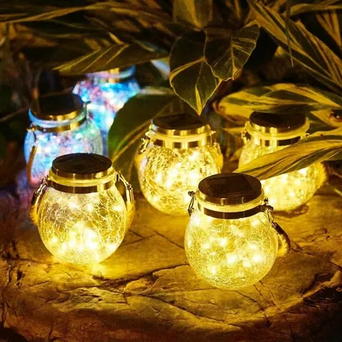 Solar Crackle Glass Jar Hanging Lanterns Waterproof Outdoor Garden Fairy Lights With Hemp Rope Handle For Patio Yard Decor