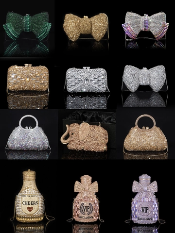 Rhinestone Luxury Evening Clutch Bag Alloy Crystal Sparkling Bow Wine Bottle Shape Socialite Party Handheld Chain