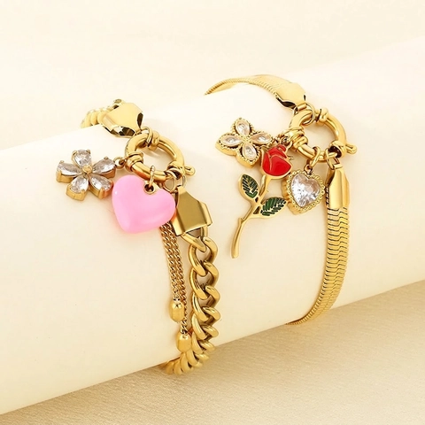 Bracciale Con Ciondolo Fiore Rosa Cuore In Acciaio Inossidabile Placcato Oro Gioielli Moda Donna Accessorio Smalto
