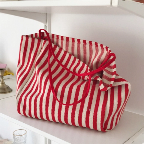 Canvas Tote Bag Large Capacity Vintage Vertical Striped Casual Shoulder Bag For Women Cotton Fabric Handbag Chic Shopper