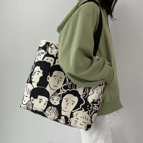 Canvas Tote Bag Voor Dames Grote Capaciteit Cartoon Print Schoudertas Handtas Literaire Stijl Casual Shopping Bag