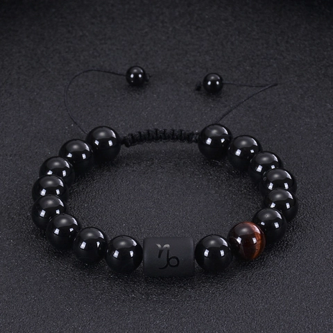 Zodiac Constellation Beaded Bracelet Natural Black Agate Tiger Eye Stone Adjustable Braided Rope Fashion Jewelry Unisex
