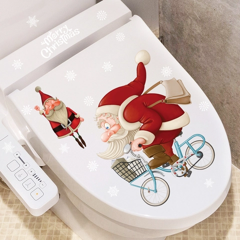 Christmas Santa Claus Riding Bike Toilet Lid Sticker PVC Removable Waterproof Bathroom Decal Festive Home Decoration