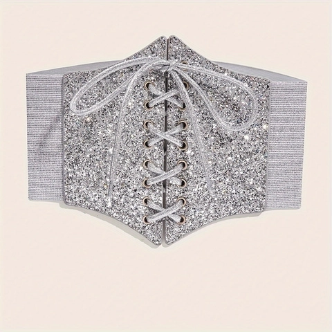 Cintura Corsetto Larga Da Donna Paillettes Glitter Elastica Vita Cinch Stringata Decorativa Per Vestito Camicia