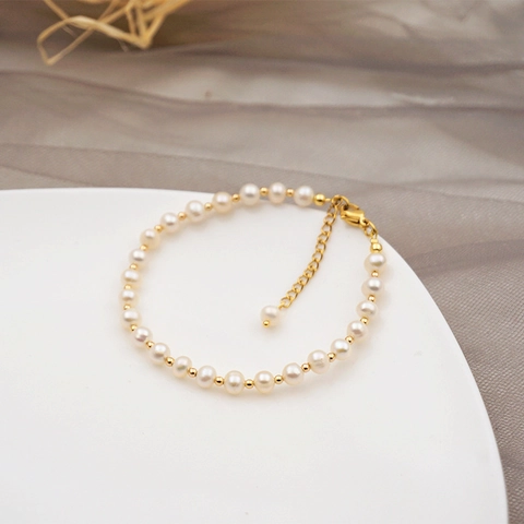Gioielli Collana E Bracciale In Süßwasserperle D'acqua Dolce Con Catena In Acciaio Al Titanio Perline Dorate Regolabile Elegante Per Donna