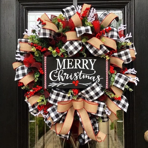 Christmas Wreath With Merry Christmas Wood Sign Buffalo Plaid Bow Burlap Red Berry Artificial Greenery Front Door Hanging