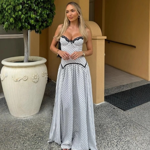 Vestito Maxi A Pois Sexy Spalline Sottili Pizzo Bodycon Vestibilità Aderente Elegante Estate Vacanze Festa Donne