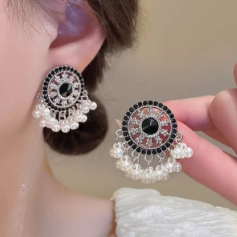 Orecchini Pendenti Tondi Con Strass E Imitazione Di Künstliche Perle Con Perno In Argento Sterling 925 Stile Etnico Retro