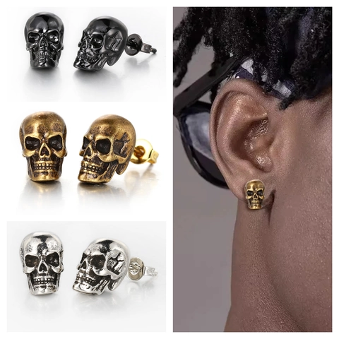 Skull Stud Earrings Copper Zircon Gothic Hip Hop Distressed Retro Punk Halloween Jewelry For Men Women Gold Plated