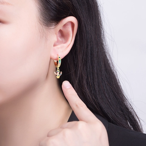 Orecchini a Goccia in Rame Placcato Oro a Forma di Cactus per Donna con Strass Multicolore Intarsiati Gioielli alla Moda