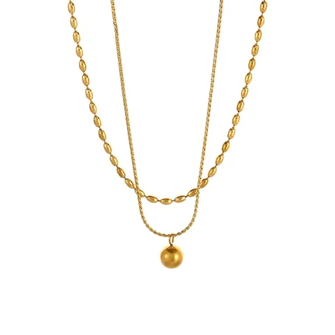 Double Layer Necklace Titanium Steel Gold Plated Round Bead Ball Pendant Minimalist Stackable Clavicle Chain For Women