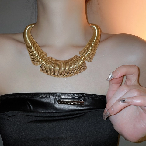 Collar Gargantilla De Resorte Extragrande Aleación Chapada En Oro Grueso Declaración Metal Pesado Joyería De Moda Mujer