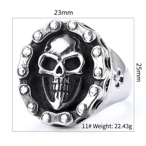 Anello Teschio 3D Da Uomo Gioielli Punk Biker In Acciaio Inossidabile Vintage Con Catena Da Moto E Croce