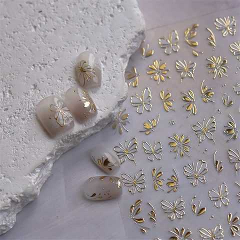 Pegatinas De Uñas De Mariposa En Relieve 3D Calcomanías Florales De Oro Plata Metálica Para Decoración De Manicura DIY