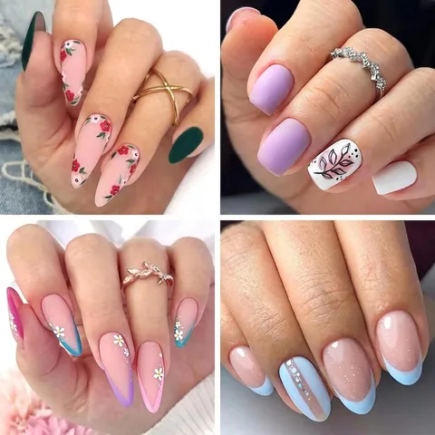Press On Nails Artificial Fake Nails Summer Floral Matte French Style Full Cover Manicure For Women