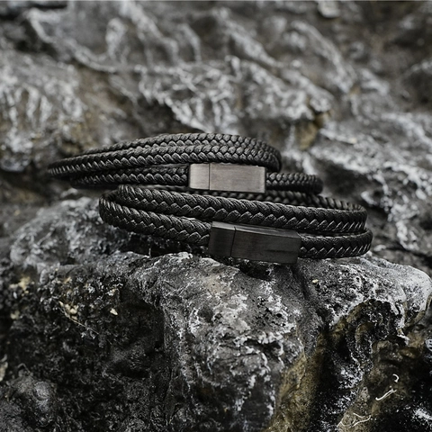 Bracciale In Pelle Intrecciata Da Uomo Con Chiusura Magnetica In Acciaio Inossidabile Vintage Corda Per Mani Intrecciata A Più Strati