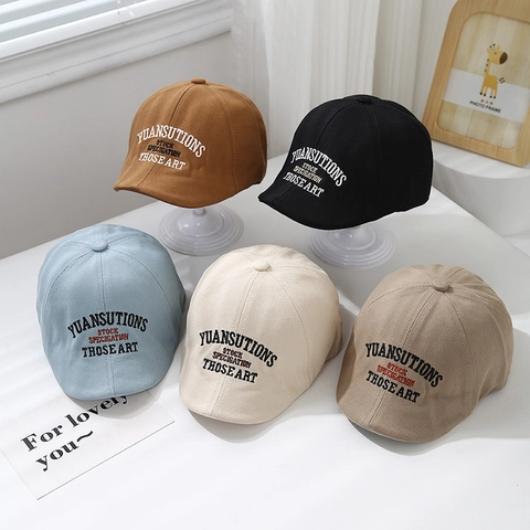 Kids Newsboy Cap Cotton Polyester Letter Embroidery Breathable Retro Beret Flat Hat For Toddler Boys Girls