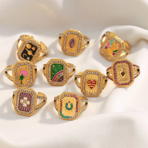 Retro Französischer Offener Ring Verstellbar Edelstahl 18K Vergoldet Emaille Zirkon Stern Mond Herz Tarot Schmuck Damen