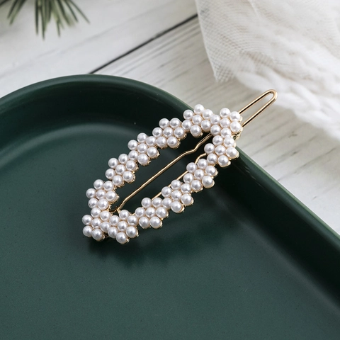 Pinza Para El Pelo Elegante Perlas Artificiales Y Diamantes Clip De Metal Hueco Geométrico Estilo Coreano Dulce Para Mujeres