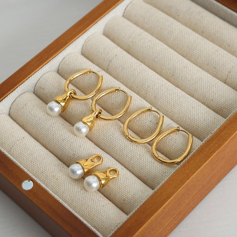 Titanstahl Vergoldete Hoop Drop Ohrringe Geometrischer Wassertropfen Mit Imitationsperle Vintage Minimalistischer Schmuck
