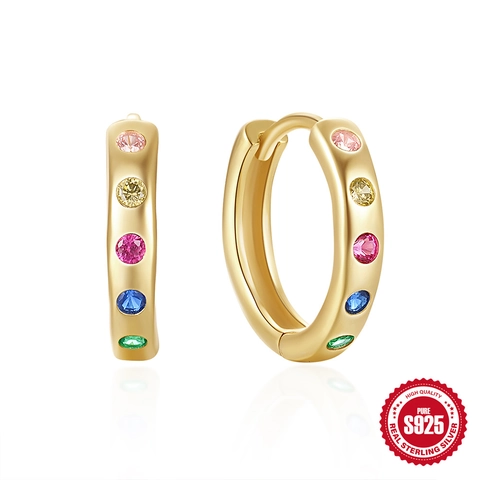 925 Sterling Silver Huggie Hoop Earrings Gold Plated Colored Zirconia Geometric Circle Stud Earrings For Women Daily Wear Minimalist Jewelry