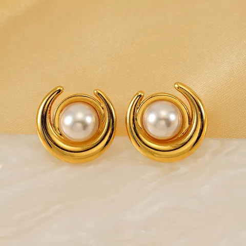 Orecchini A Lobo Mezzaluna Acciaio Inossidabile Placcato Oro 18K Con Perla Artificial Gioielli Vintage Eleganti Donna