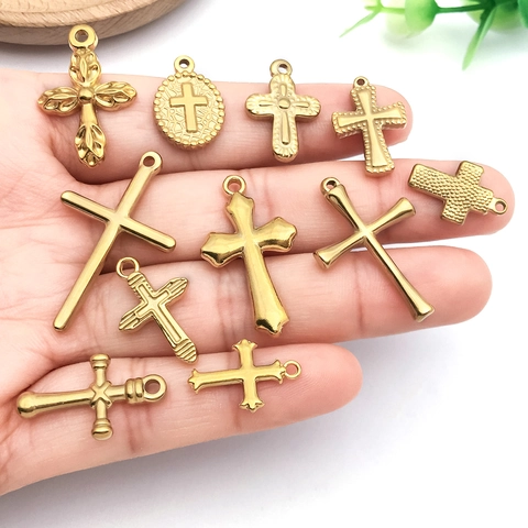 Stainless Steel Real Gold Plated Cross Pendants Religious DIY Jewelry Making Charms Findings Accessories For Necklace