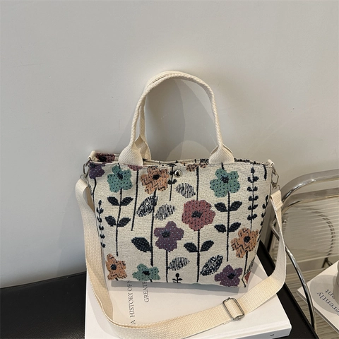 Women Handbag Tote Crossbody Bag Floral Strawberry Print Canvas Corduroy Vintage Casual Adjustable Strap