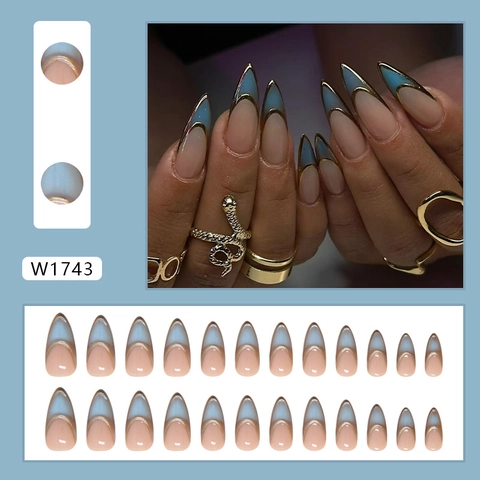 Französisch Stil Stiletto Press On Nägel Lange Mandel Full Cover Nude Rosa Hellblau Mit Goldrand ABS Falsche Nagelspitzen