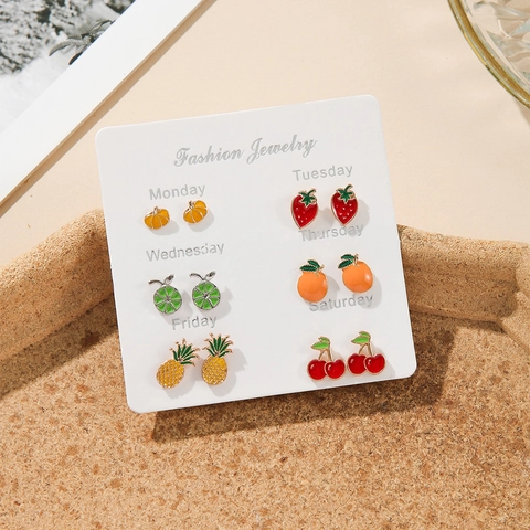 Pendientes De Botón De Aleación Esmalte Colorido Para Mujeres Niñas Dibujos Animados Frutas Comida Estilo Dopamina Joyería