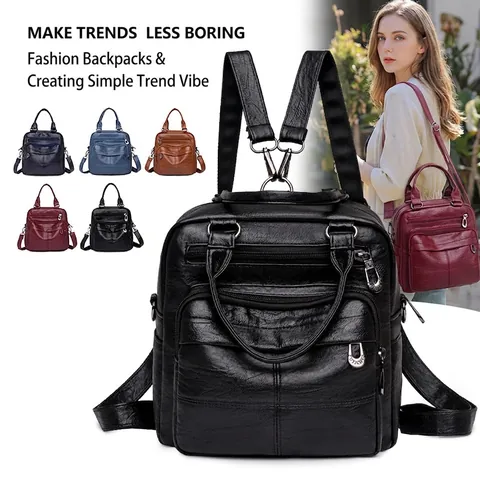 Women Soft Leather Backpack Multi-Pocket Large Capacity Convertible Shoulder Bag Handbag Casual Travel Waterproof