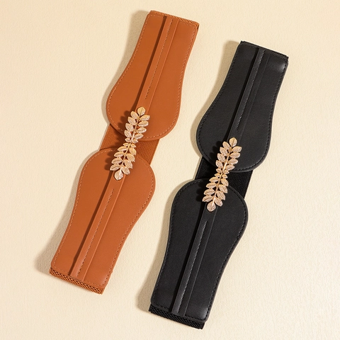 Cintura Larga Elastica Da Donna Con Fibbia A Foglia In Lega Dorata Cintura Decorativa In Pelle PU Per Abiti